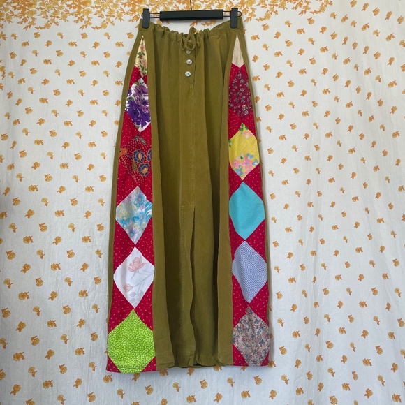 Upcycled Patchwork Maxi Skirt Olive Green | OOAK Handmade Autumn Skirt - Picture 1 of 10